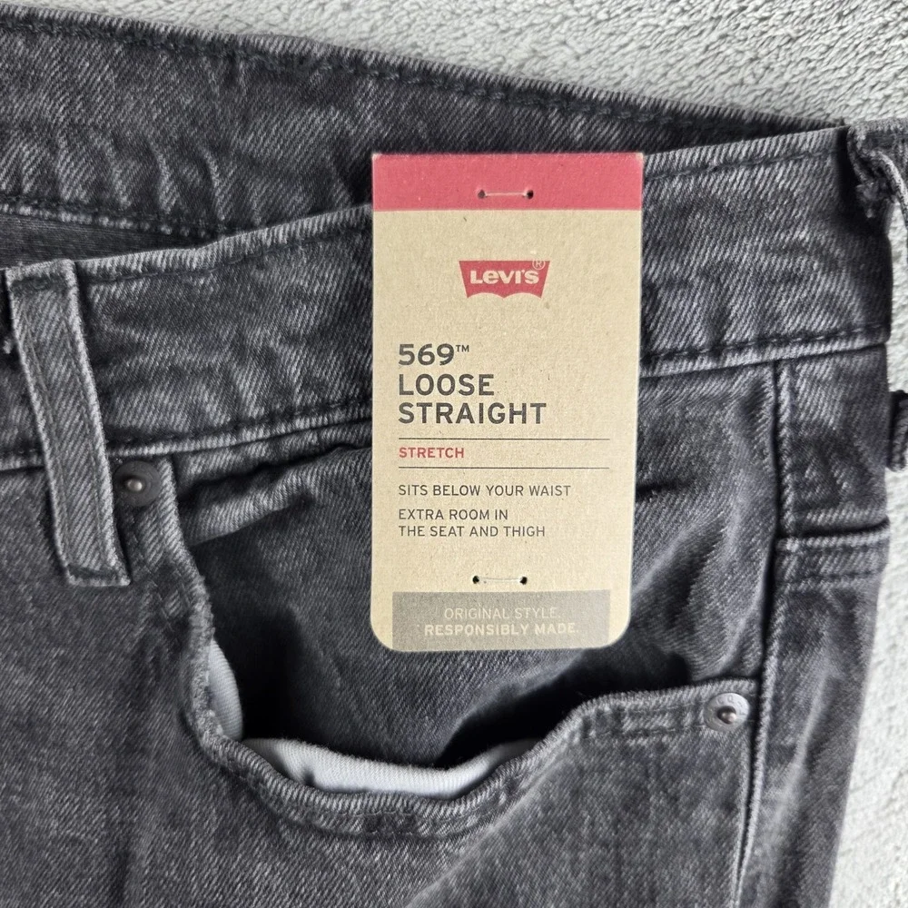 NWT Levi's Jeans Black 569 Loose Straight Baggy Y2K Stretch Men's 42x34 DIstress